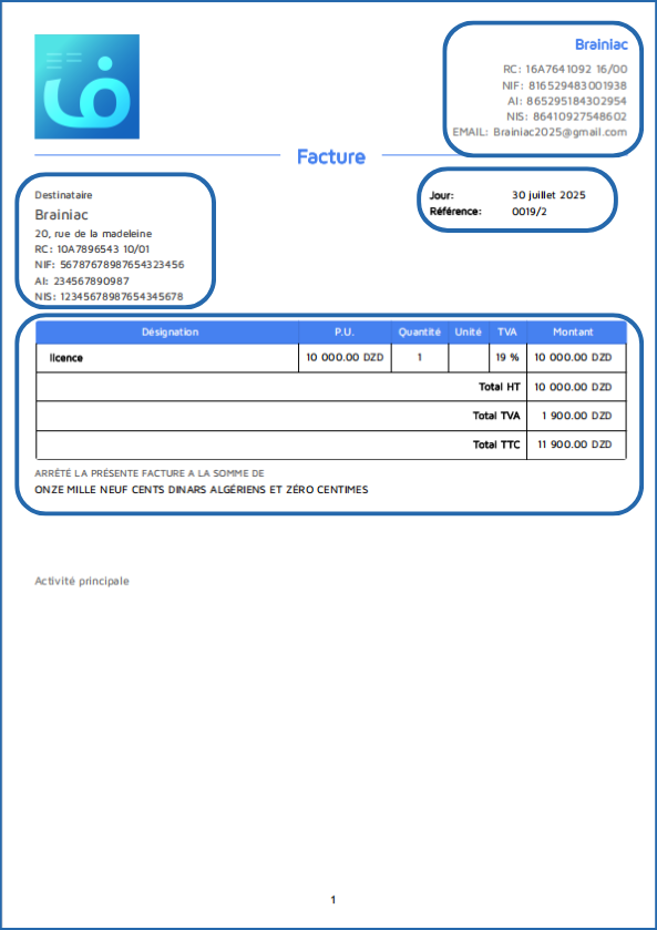 Facture créer sur Fatoura app
