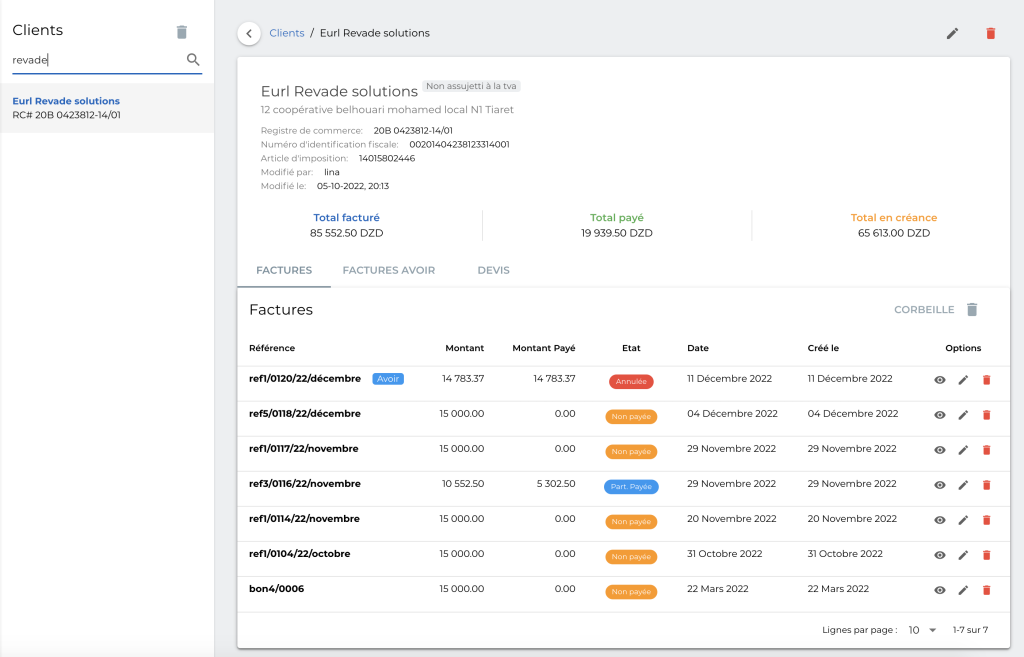 Répertoire clients dans le logiciel de facturation Fatoura 