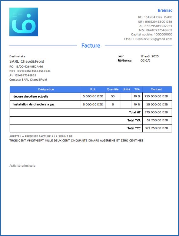 Facturation: example Facture depuis Fatoura pour domaine travaux publicue