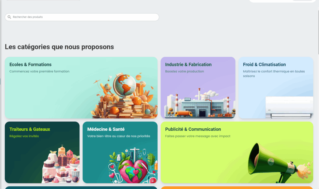 les catégories de la Markeplace de Fatoura app