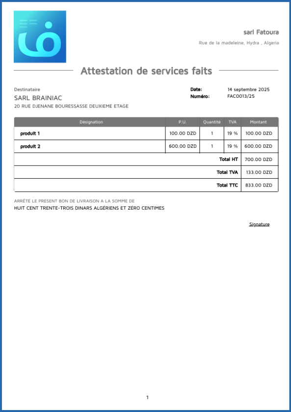 Attestation de service fait : impression rapide avec fatoura