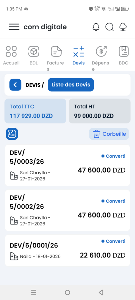 screenshot : liste des devis 