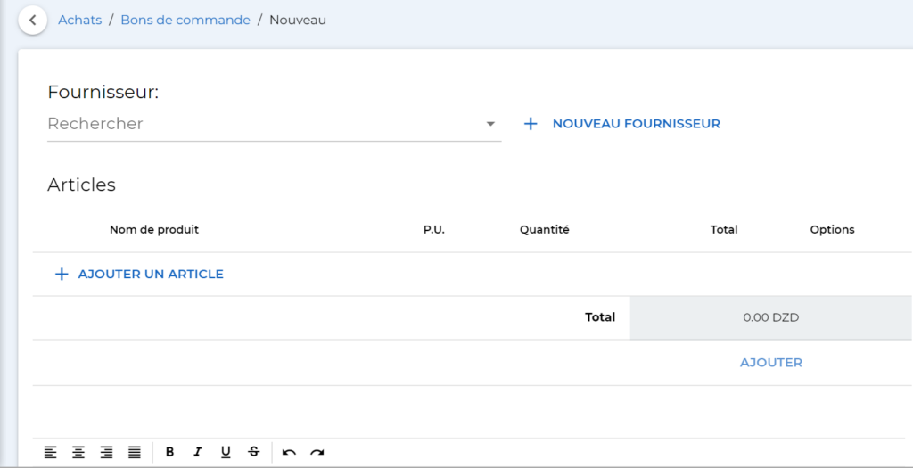 screenshot : creation de bon de commande