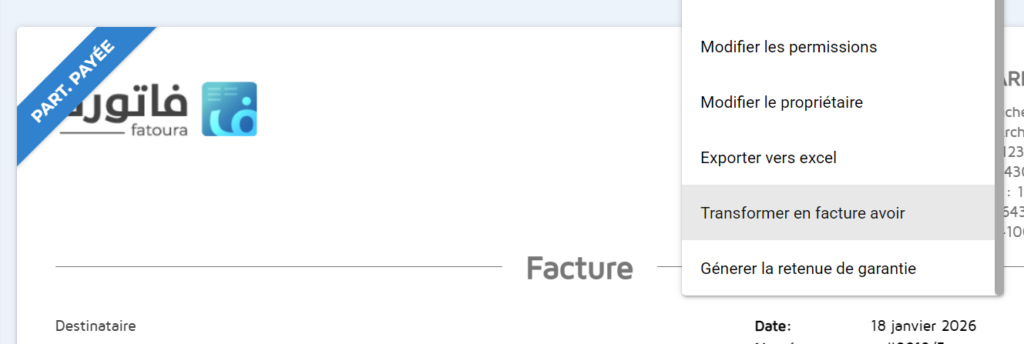 screenshot: transformer en facture avoir