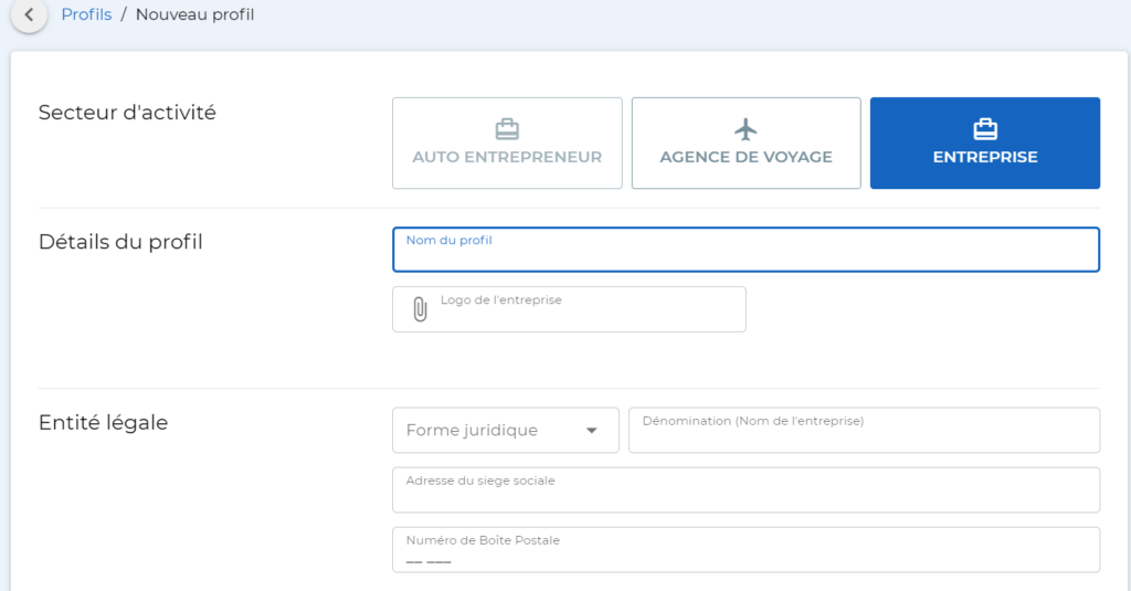 screenshot: creer un profil d'entreprise