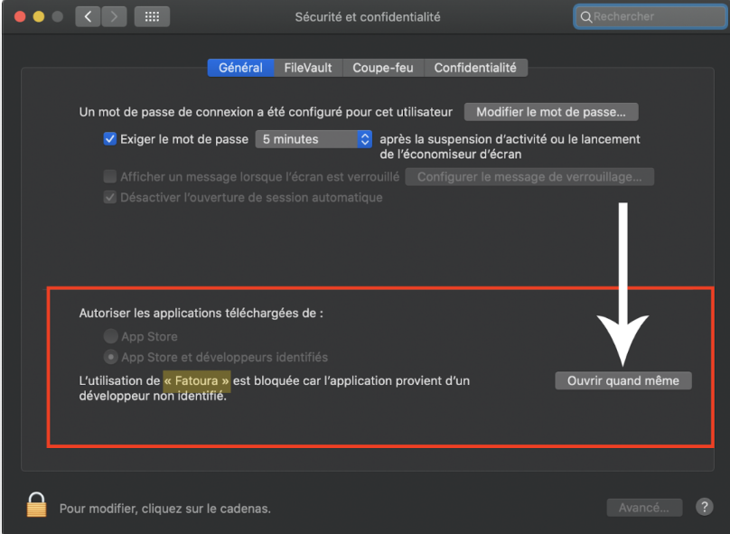 screenshot: autoriser logiciel Fatoura sur MacOs
